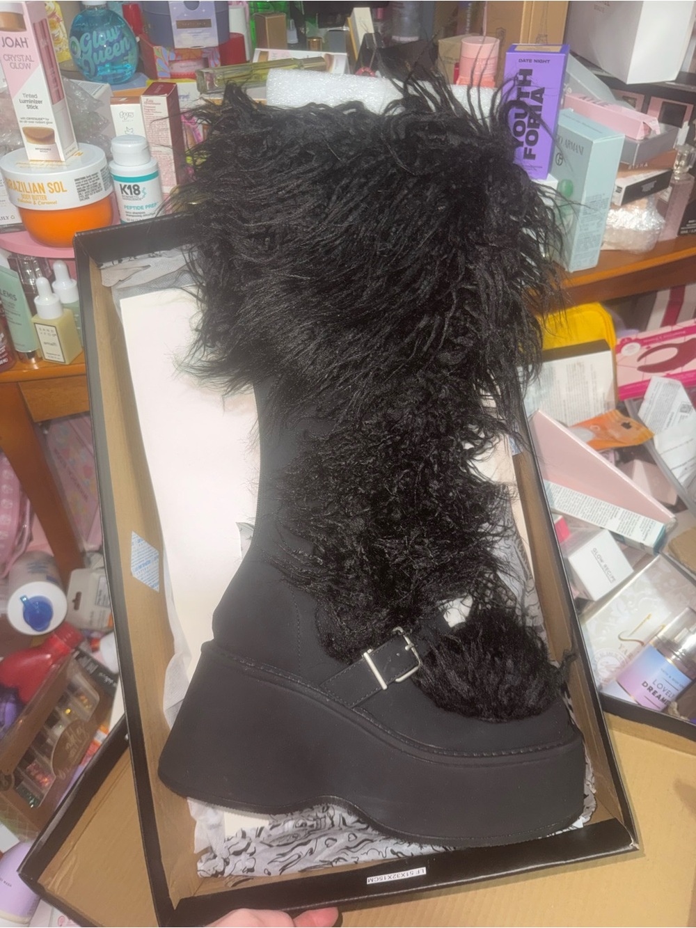 Black Faux Fur Platform Boots with Buckle Dolls Kill